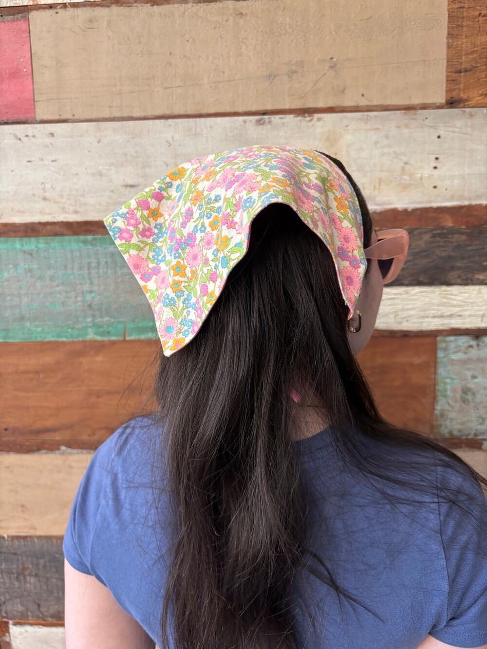 100% Linen Triangle Head Scarf Festival Retro Mod Pink Floral Vintage c. 1960s